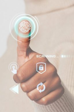 woman scanning fingerprint with futuristic interface smart technology meta személyes adatok hirdetés